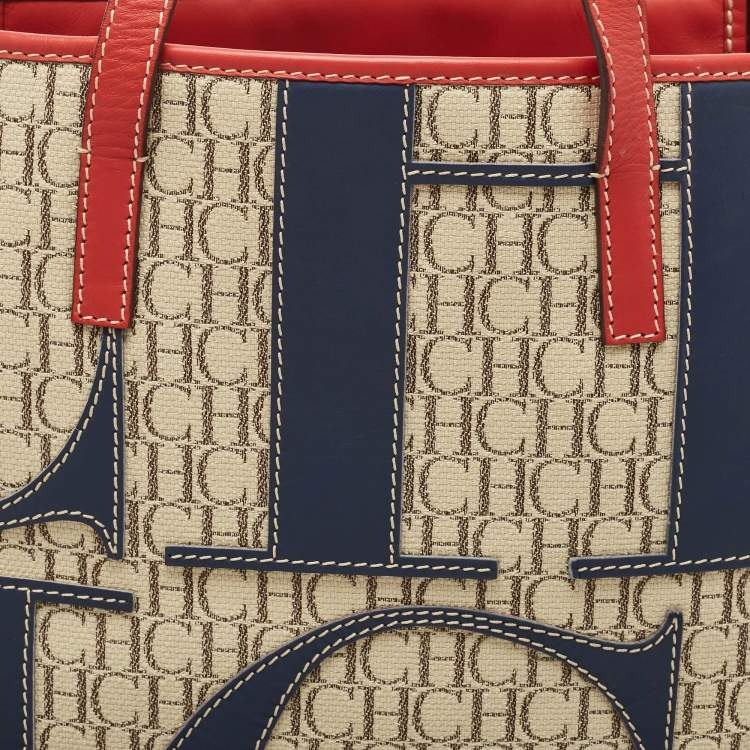 Pre Owned Carolina Herrera Tri Color Monogram Canvas and Leather Shopper Tote