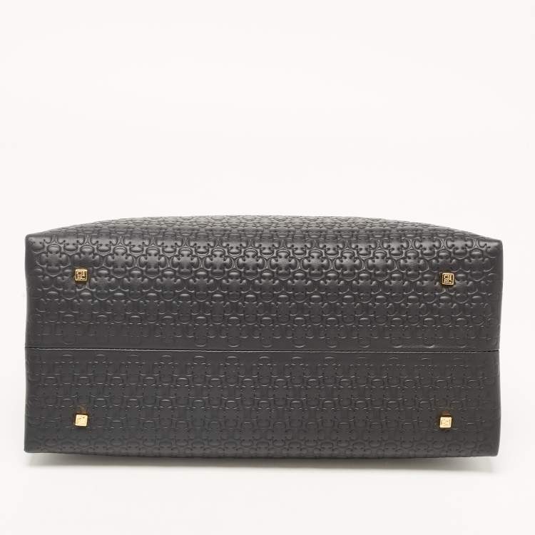 Pre Owned CH Carolina Herrera Black Embossed Leather Duchess Tote