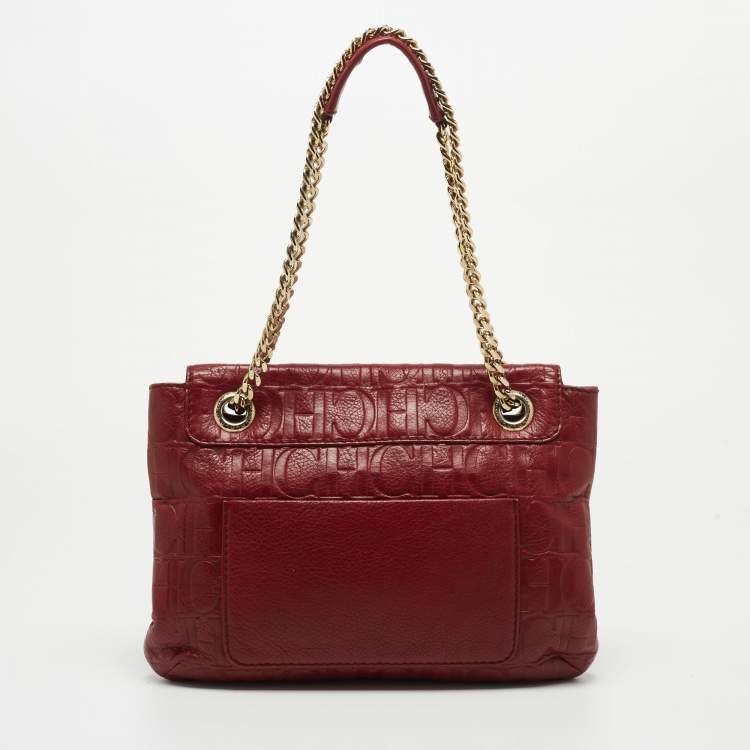 مملوكة مسبقًا Carolina Herrera Red Monogram Embossed Leather Bow Shoulder Bag