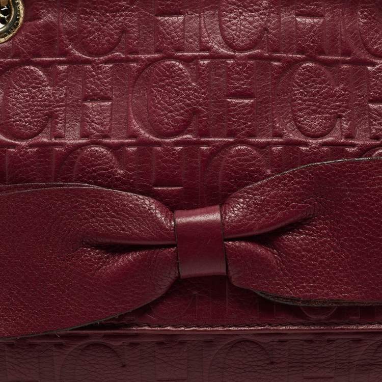 مملوكة مسبقًا Carolina Herrera Red Monogram Embossed Leather Bow Shoulder Bag
