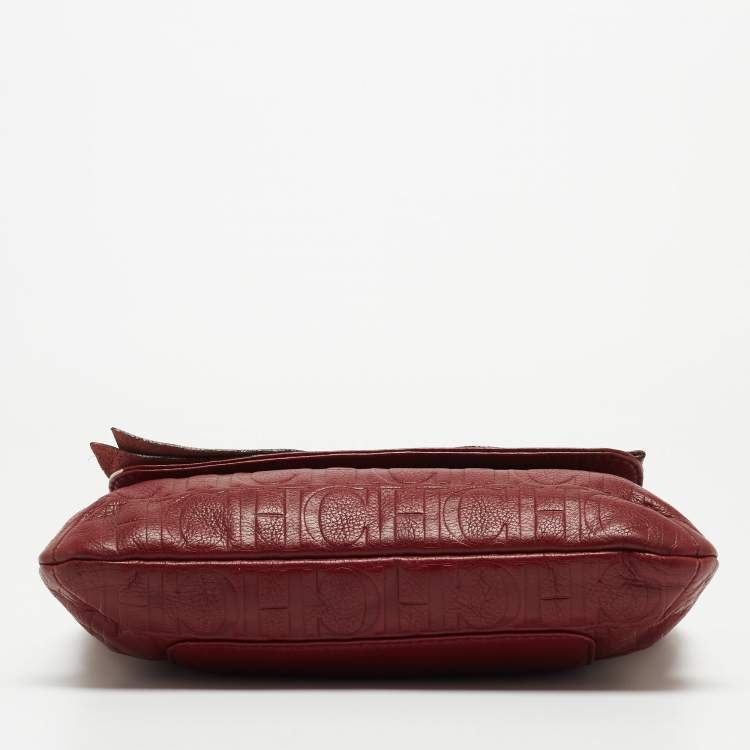 مملوكة مسبقًا Carolina Herrera Red Monogram Embossed Leather Bow Shoulder Bag