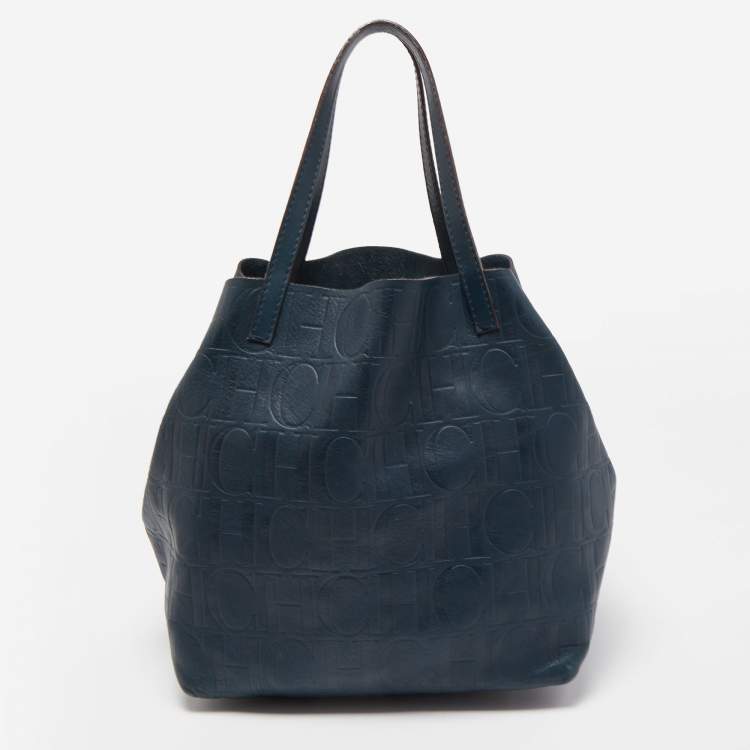 Pre Owned Carolina Herrera Teal Blue Monogram Leather Matryoshka Tote