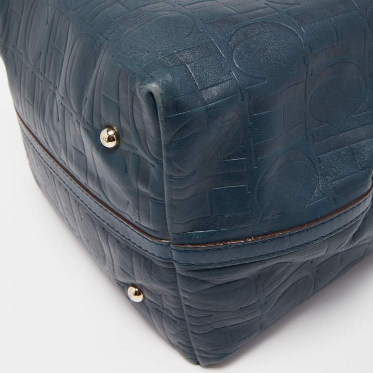 Pre Owned Carolina Herrera Teal Blue Monogram Leather Matryoshka Tote