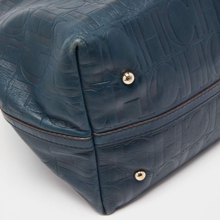Pre Owned Carolina Herrera Teal Blue Monogram Leather Matryoshka Tote