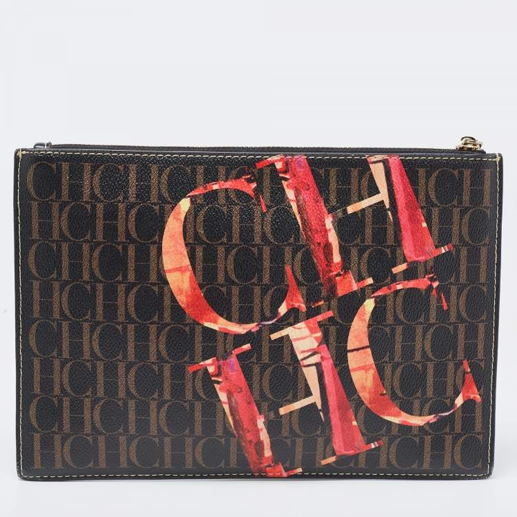 Pre Owned Carolina Herrera Brown Monogram Coated Canvas CH Logo Wristlet Pouch