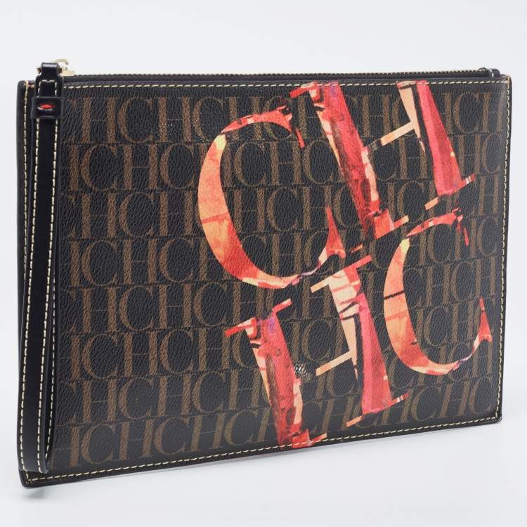 Pre Owned Carolina Herrera Brown Monogram Coated Canvas CH Logo Wristlet Pouch