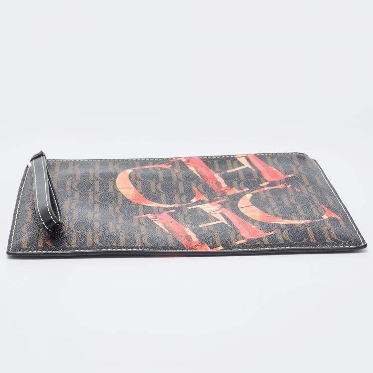 Pre Owned Carolina Herrera Brown Monogram Coated Canvas CH Logo Wristlet Pouch