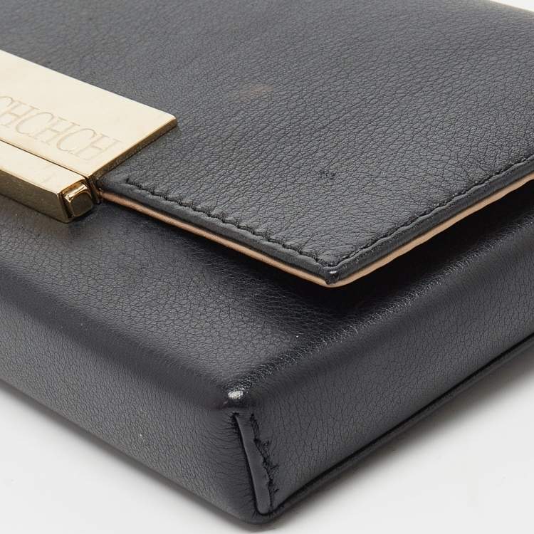 Pre Owned Carolina Herrera Black Leather Logo Metal Flap Clutch