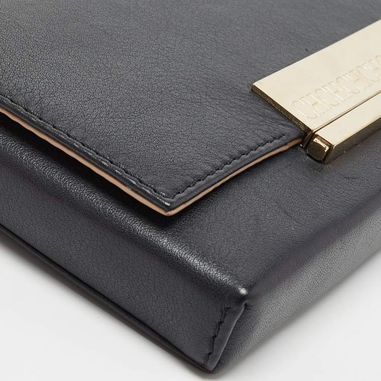 Pre Owned Carolina Herrera Black Leather Logo Metal Flap Clutch