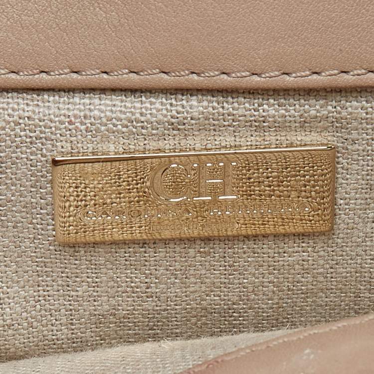 Pre Owned Carolina Herrera Black Leather Logo Metal Flap Clutch