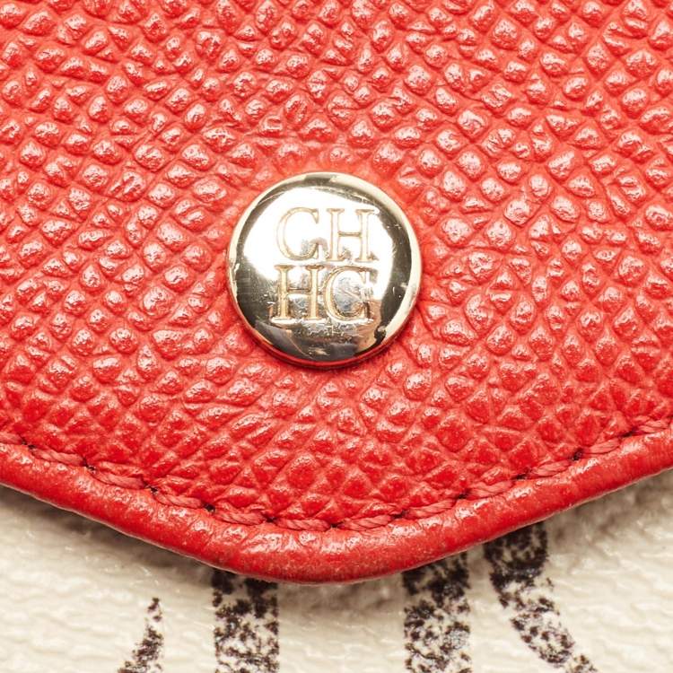 Pre Owned Carolina Herrera Red/White Monogram Coated Canvas and Leather Wallet On Chain