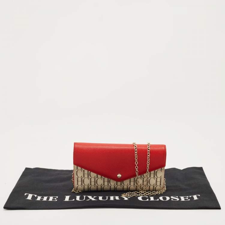 Pre Owned Carolina Herrera Red/White Monogram Coated Canvas and Leather Wallet On Chain
