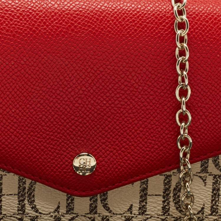 Pre Owned Carolina Herrera Red/White Monogram Coated Canvas and Leather Wallet On Chain