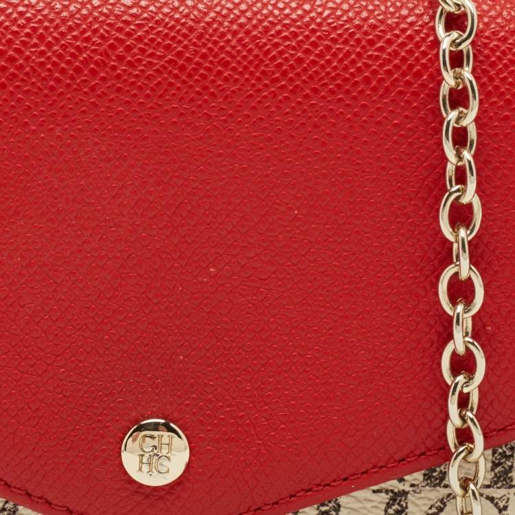 Pre Owned Carolina Herrera Red/White Monogram Coated Canvas and Leather Wallet On Chain