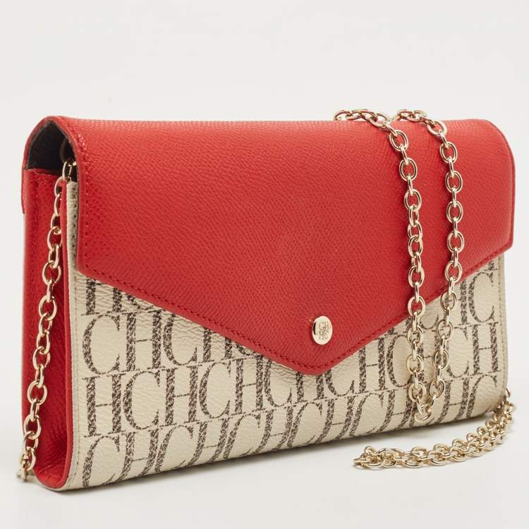 Pre Owned Carolina Herrera Red/White Monogram Coated Canvas and Leather Wallet On Chain