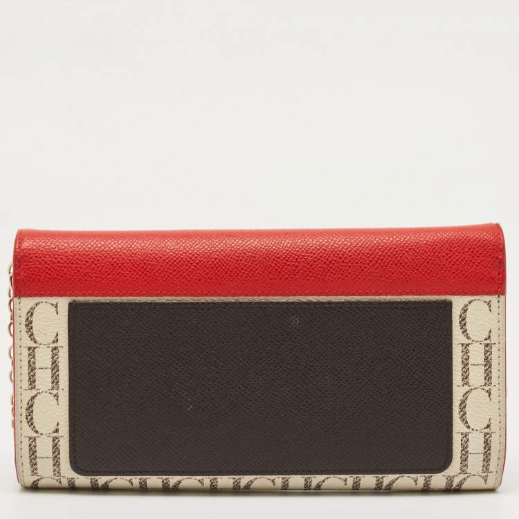 Pre Owned Carolina Herrera Red/White Monogram Coated Canvas and Leather Wallet On Chain