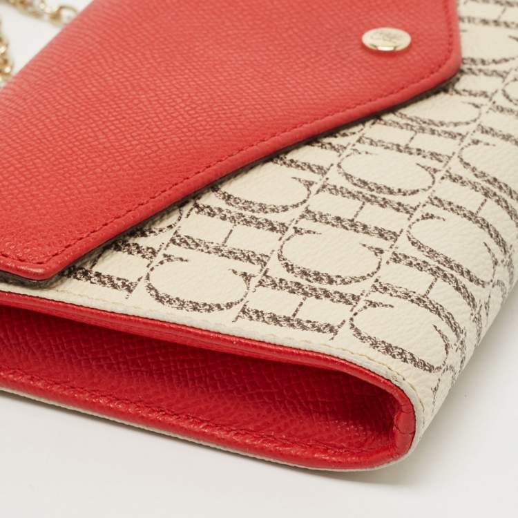 Pre Owned Carolina Herrera Red/White Monogram Coated Canvas and Leather Wallet On Chain
