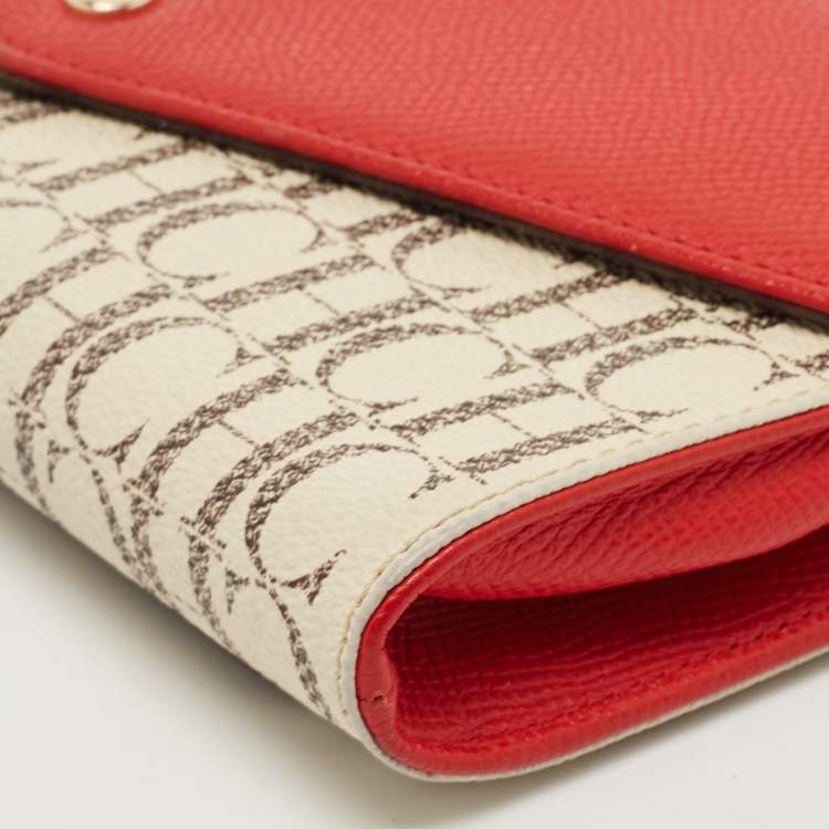 Pre Owned Carolina Herrera Red/White Monogram Coated Canvas and Leather Wallet On Chain