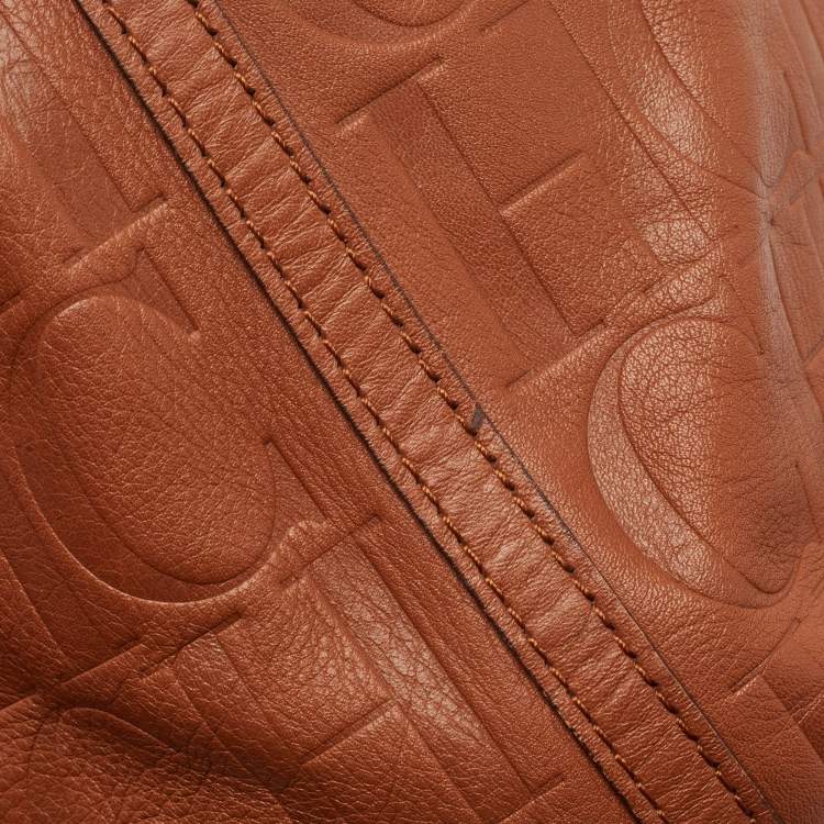 Pre Owned Carolina Herrera Brown Monogram Embossed Leather Matryoshka Tote