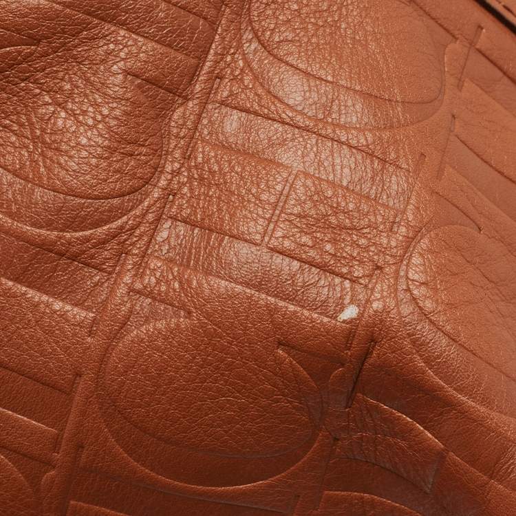 Pre Owned Carolina Herrera Brown Monogram Embossed Leather Matryoshka Tote