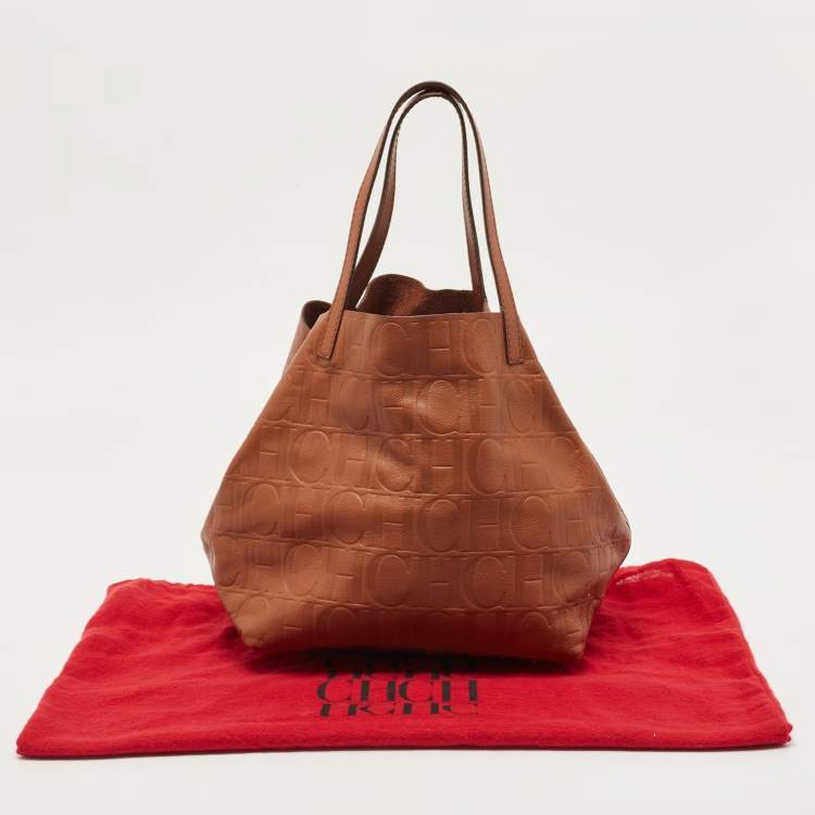 Pre Owned Carolina Herrera Brown Monogram Embossed Leather Matryoshka Tote