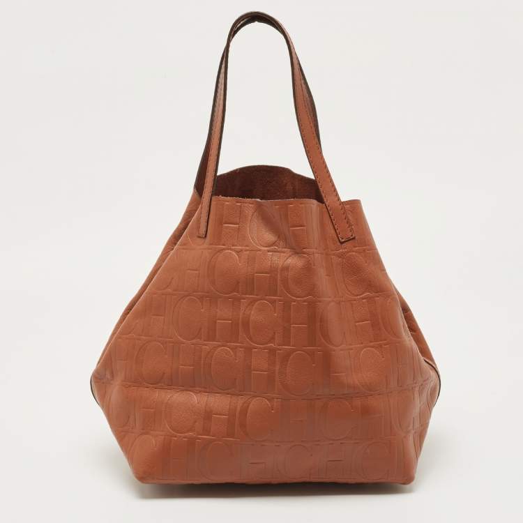 Pre Owned Carolina Herrera Brown Monogram Embossed Leather Matryoshka Tote
