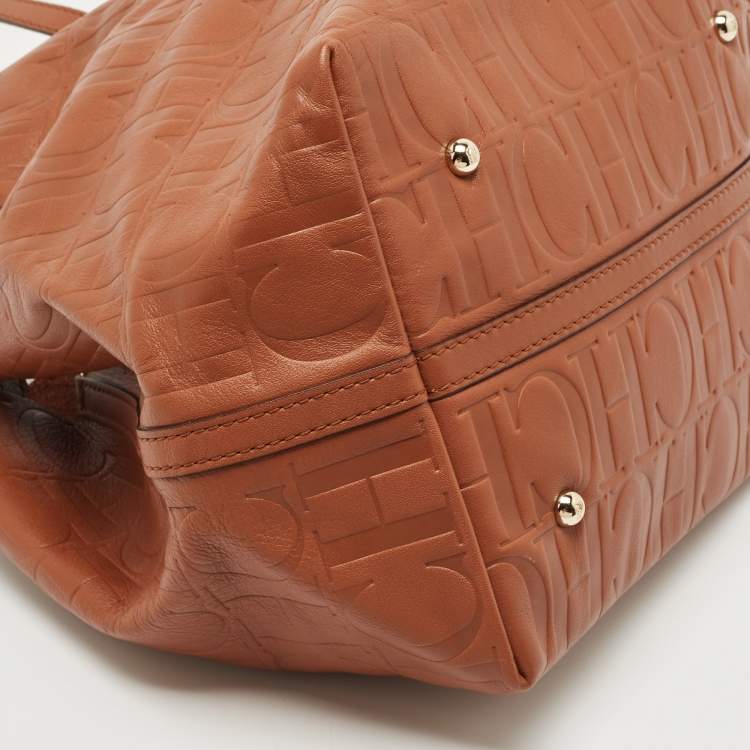 Pre Owned Carolina Herrera Brown Monogram Embossed Leather Matryoshka Tote