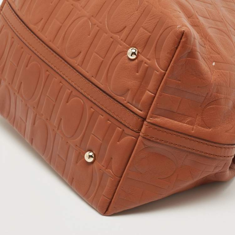 Pre Owned Carolina Herrera Brown Monogram Embossed Leather Matryoshka Tote
