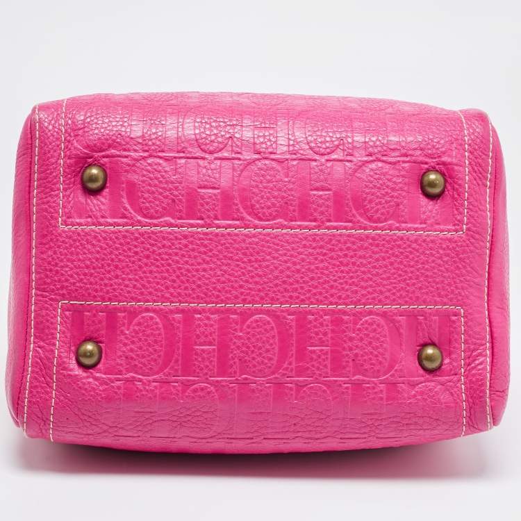 Pre Owned Carolina Herrera Pink/Beige Monogram Embossed Leather Andy Boston Bag