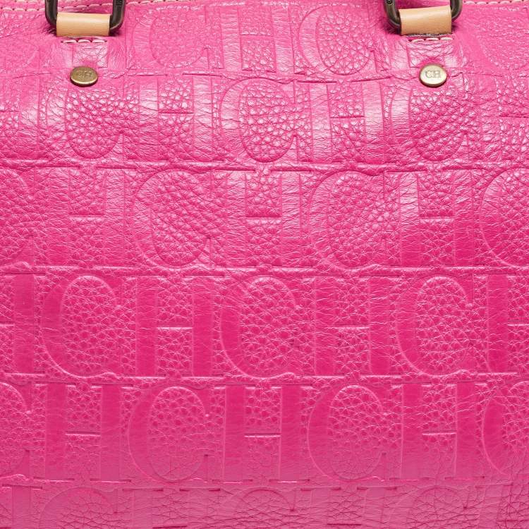 Pre Owned Carolina Herrera Pink/Beige Monogram Embossed Leather Andy Boston Bag