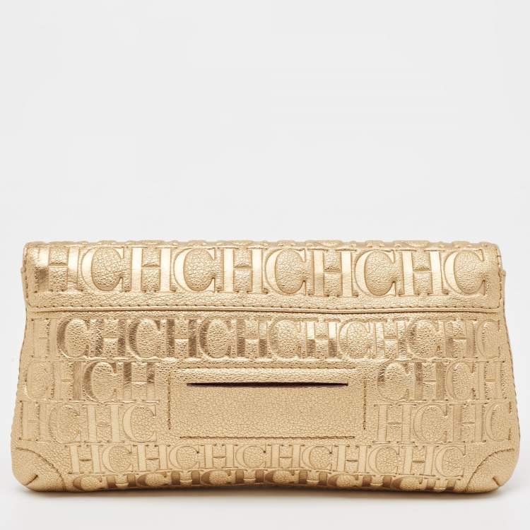 Pre Owned Carolina Herrera Gold Monogram Embossed Leather Bow Flap Clutch