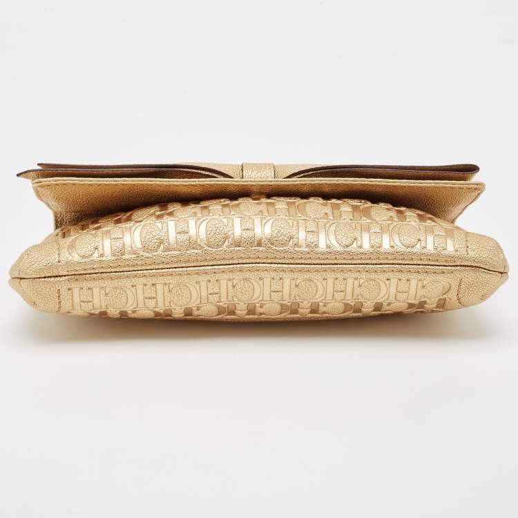 Pre Owned Carolina Herrera Gold Monogram Embossed Leather Bow Flap Clutch