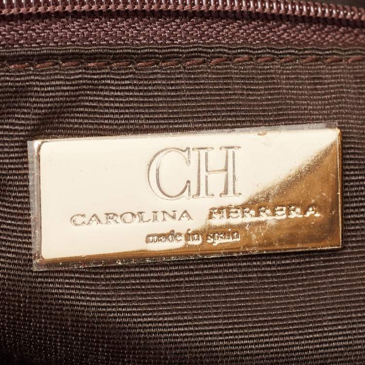 Pre Owned Carolina Herrera Gold Monogram Embossed Leather Bow Flap Clutch