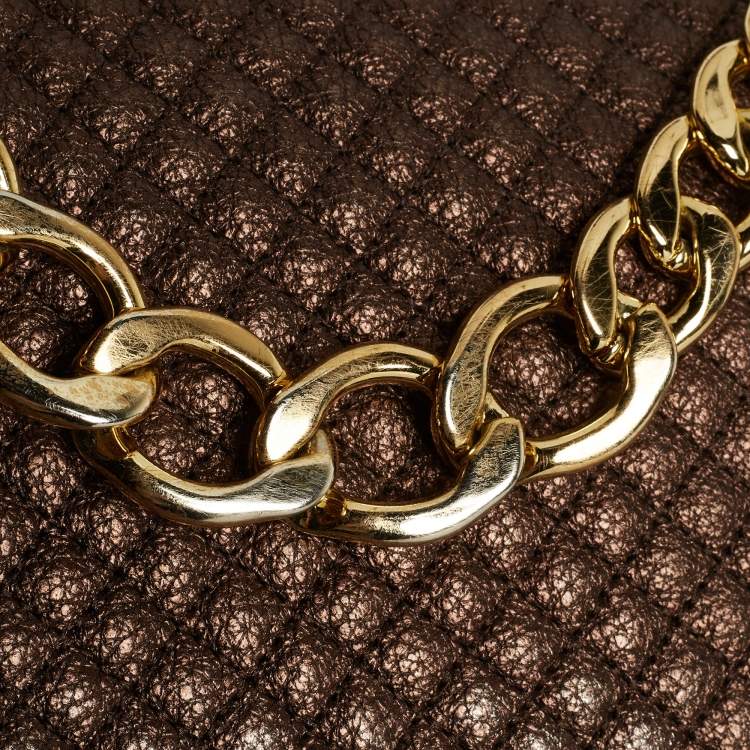 Pre Owned Carolina Herrera Metallic Brown Quilted Leather Chain Detail Top Handle Bag