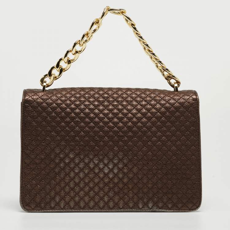 Pre Owned Carolina Herrera Metallic Brown Quilted Leather Chain Detail Top Handle Bag