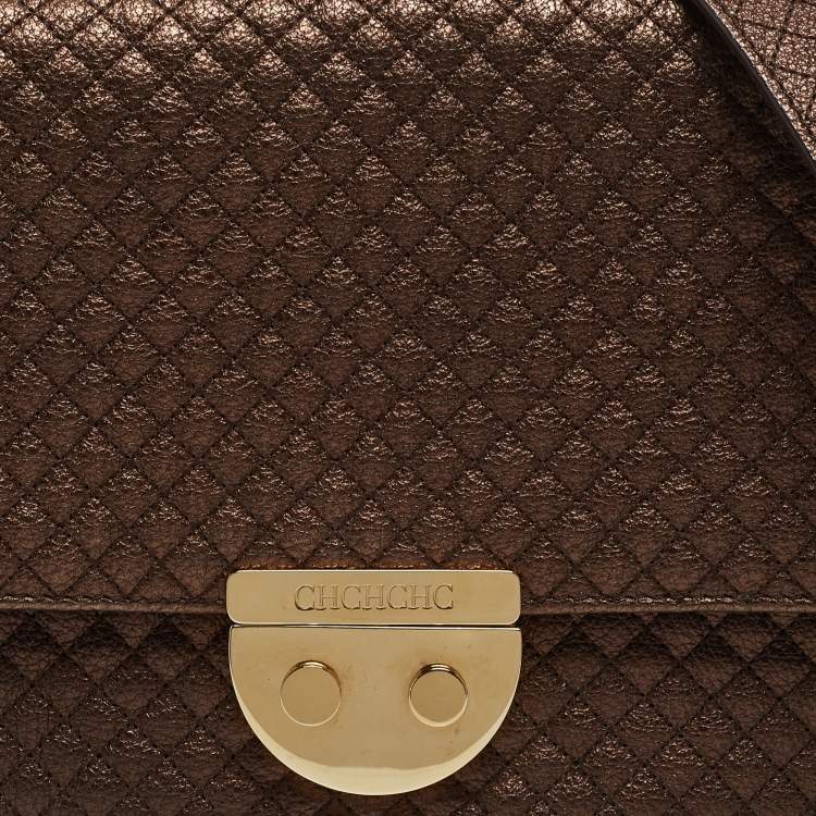 Pre Owned Carolina Herrera Metallic Brown Quilted Leather Chain Detail Top Handle Bag