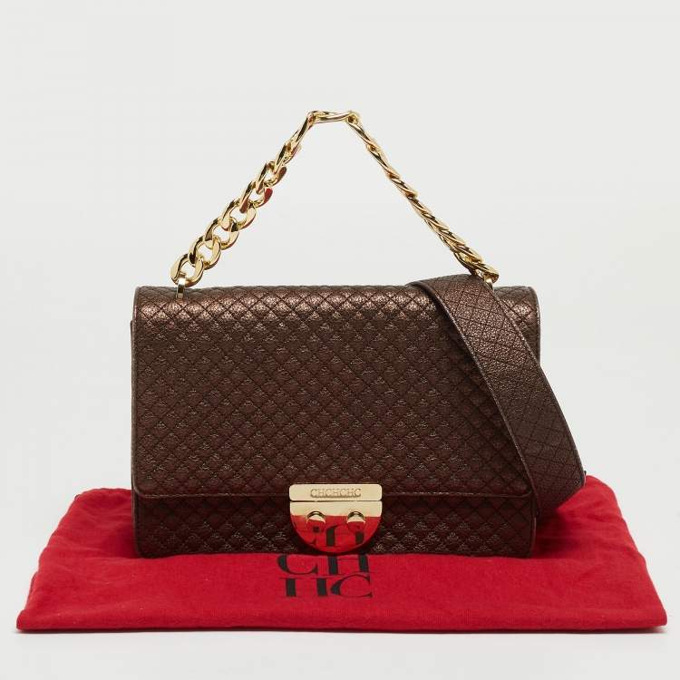 Pre Owned Carolina Herrera Metallic Brown Quilted Leather Chain Detail Top Handle Bag
