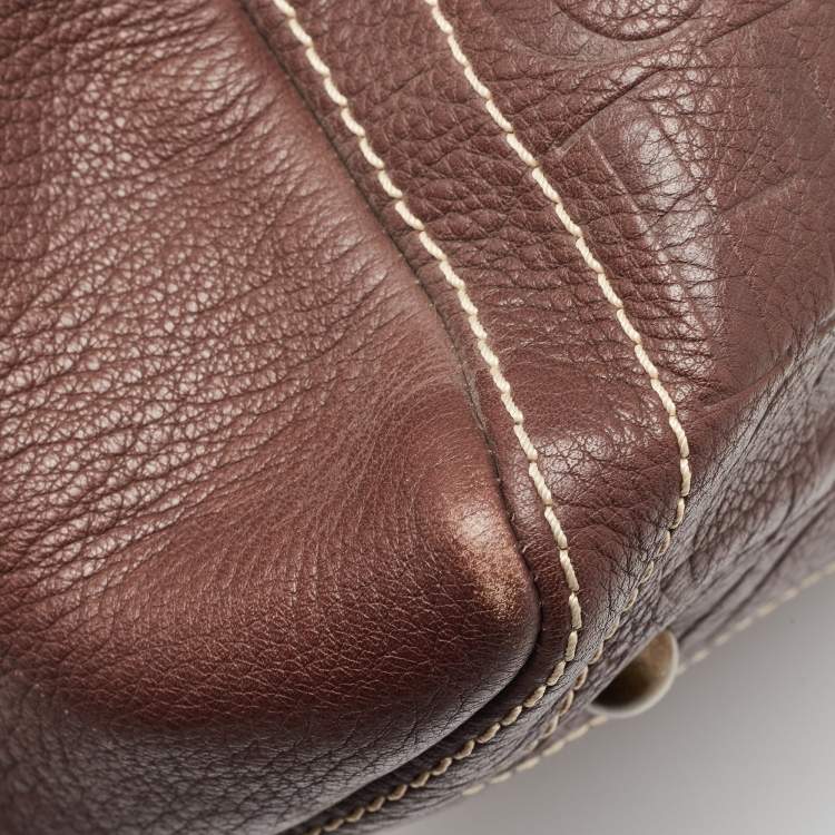 Pre Owned Carolina Herrera Brown Leather Monogram Embossed Andy Boston Bag