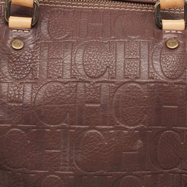 Pre Owned Carolina Herrera Brown Leather Monogram Embossed Andy Boston Bag