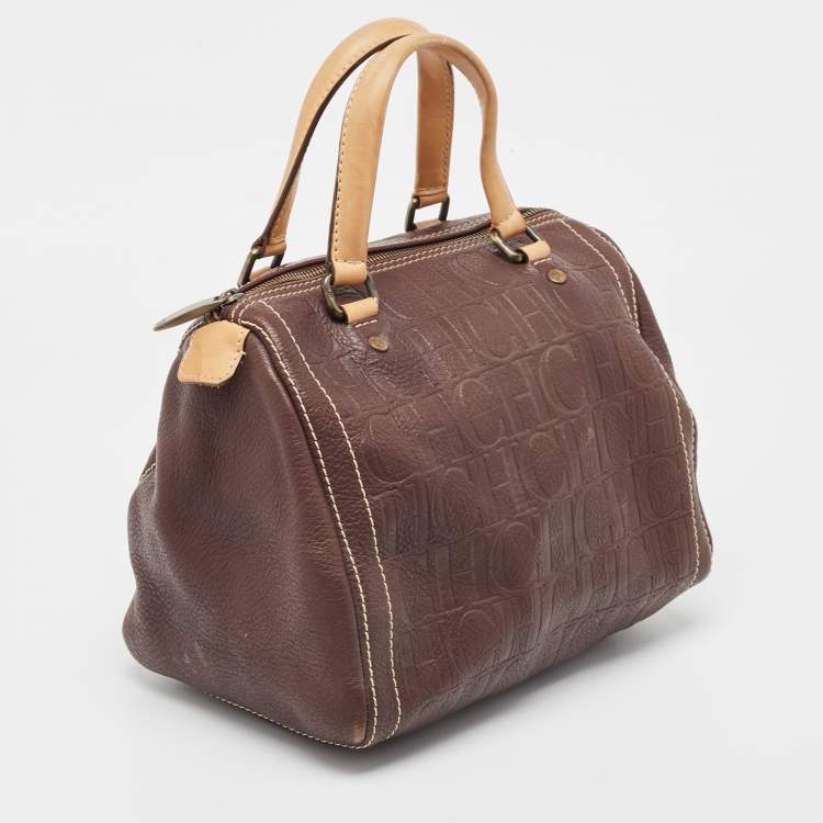 Pre Owned Carolina Herrera Brown Leather Monogram Embossed Andy Boston Bag