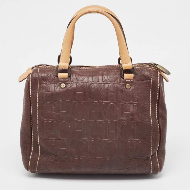 Pre Owned Carolina Herrera Brown Leather Monogram Embossed Andy Boston Bag