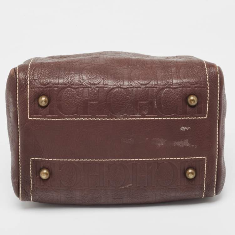 Pre Owned Carolina Herrera Brown Leather Monogram Embossed Andy Boston Bag