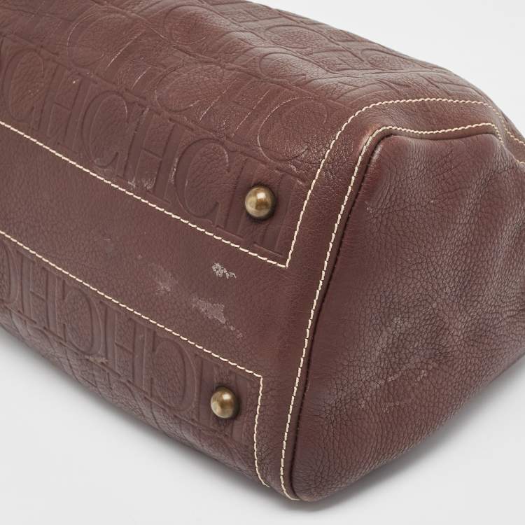 Pre Owned Carolina Herrera Brown Leather Monogram Embossed Andy Boston Bag