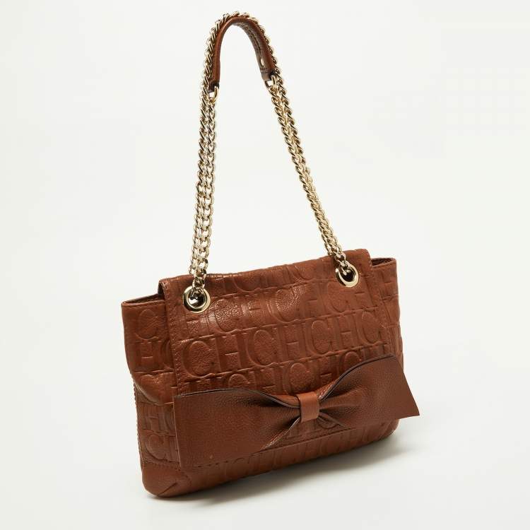 Pre Owned Carolina Herrera Brown Monogram Leather Audrey Shoulder Bag