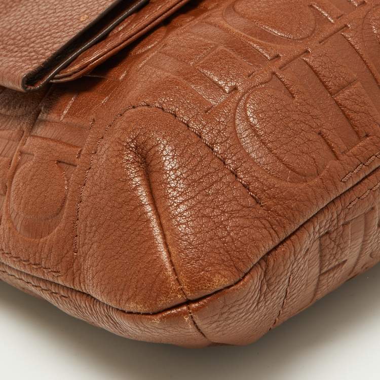 Pre Owned Carolina Herrera Brown Monogram Leather Audrey Shoulder Bag