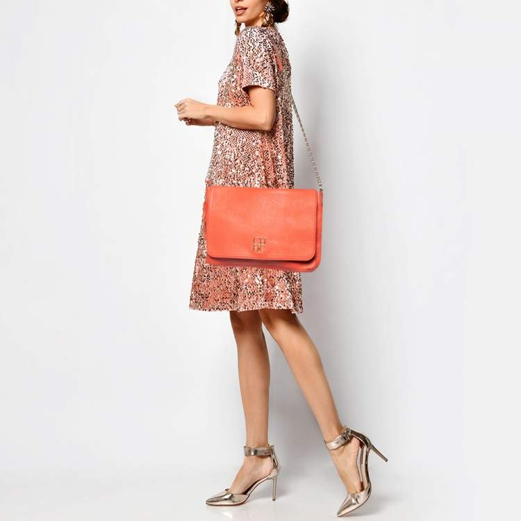 Pre Owned Carolina Herrera Orange Pebbled Leather Tassel Flap Shoulder Bag
