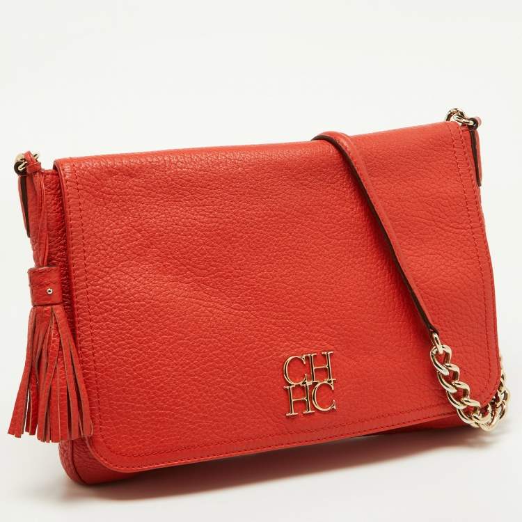 Pre Owned Carolina Herrera Orange Pebbled Leather Tassel Flap Shoulder Bag