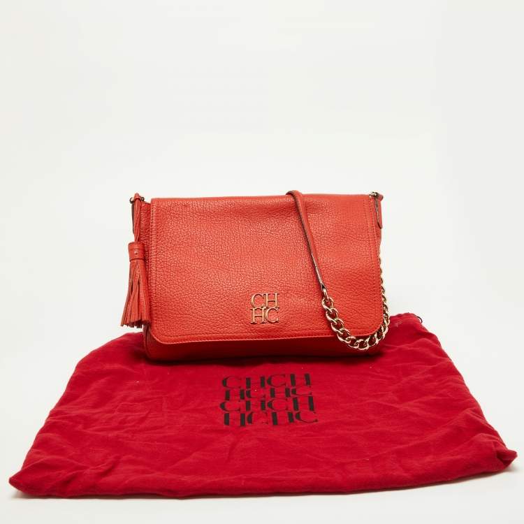 Pre Owned Carolina Herrera Orange Pebbled Leather Tassel Flap Shoulder Bag