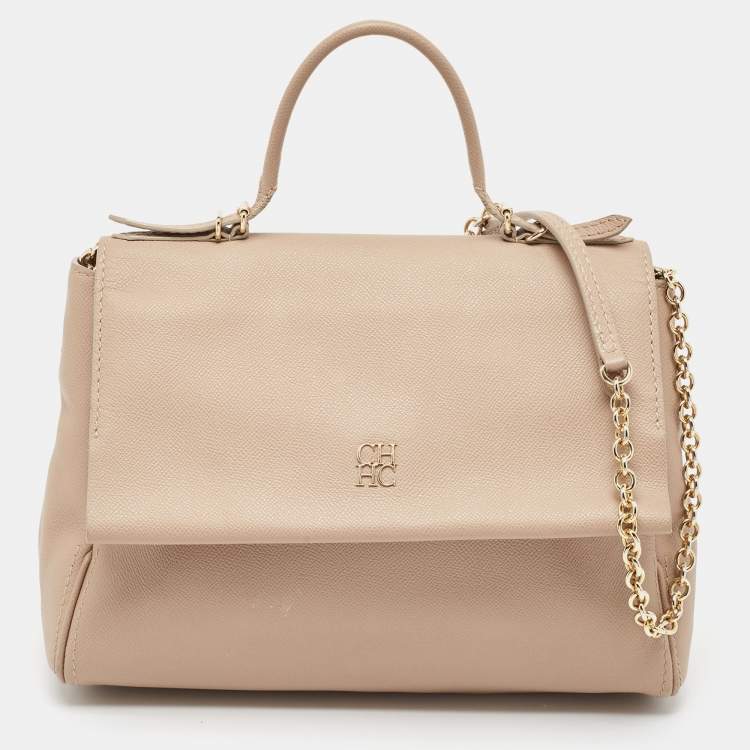 Pre Owned Carolina Herrera Beige Leather Minueto Flap Top Handle Bag