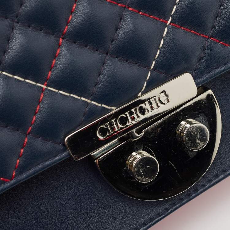 Pre Owned Carolina Herrera Blue/Red Quilted Leather Wildstitch Chain Flap Top Handle Bag